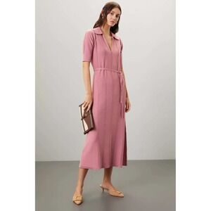 Knit Midi Shirt Dress Pink V Neck Short Sleeve Belted Ribbed